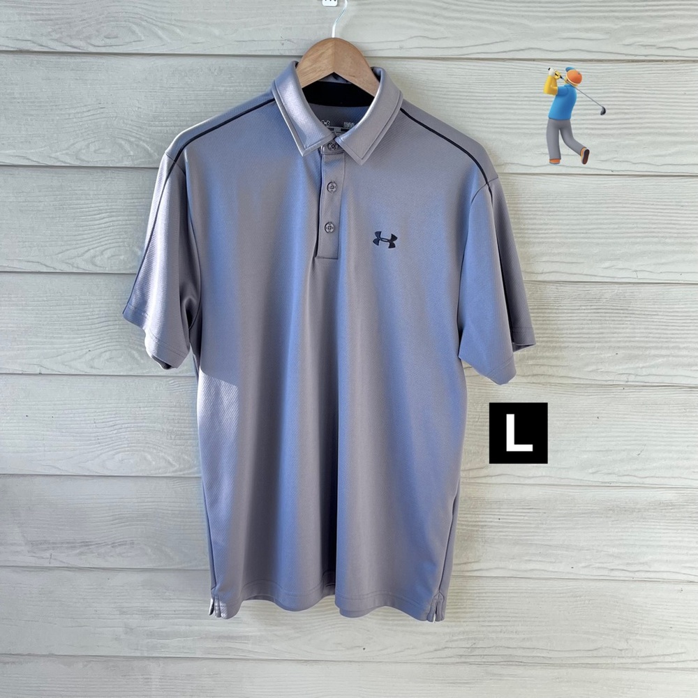 Under Armour HeatGear Gray Polo Shirt Men’s Large – Black Shoulder Stripe